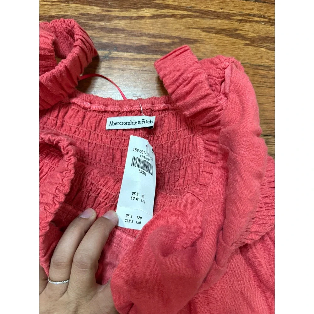Abercrombie & Fitch Pink Linen Blend Smocked Maxi Dress V-Neck Small NWT